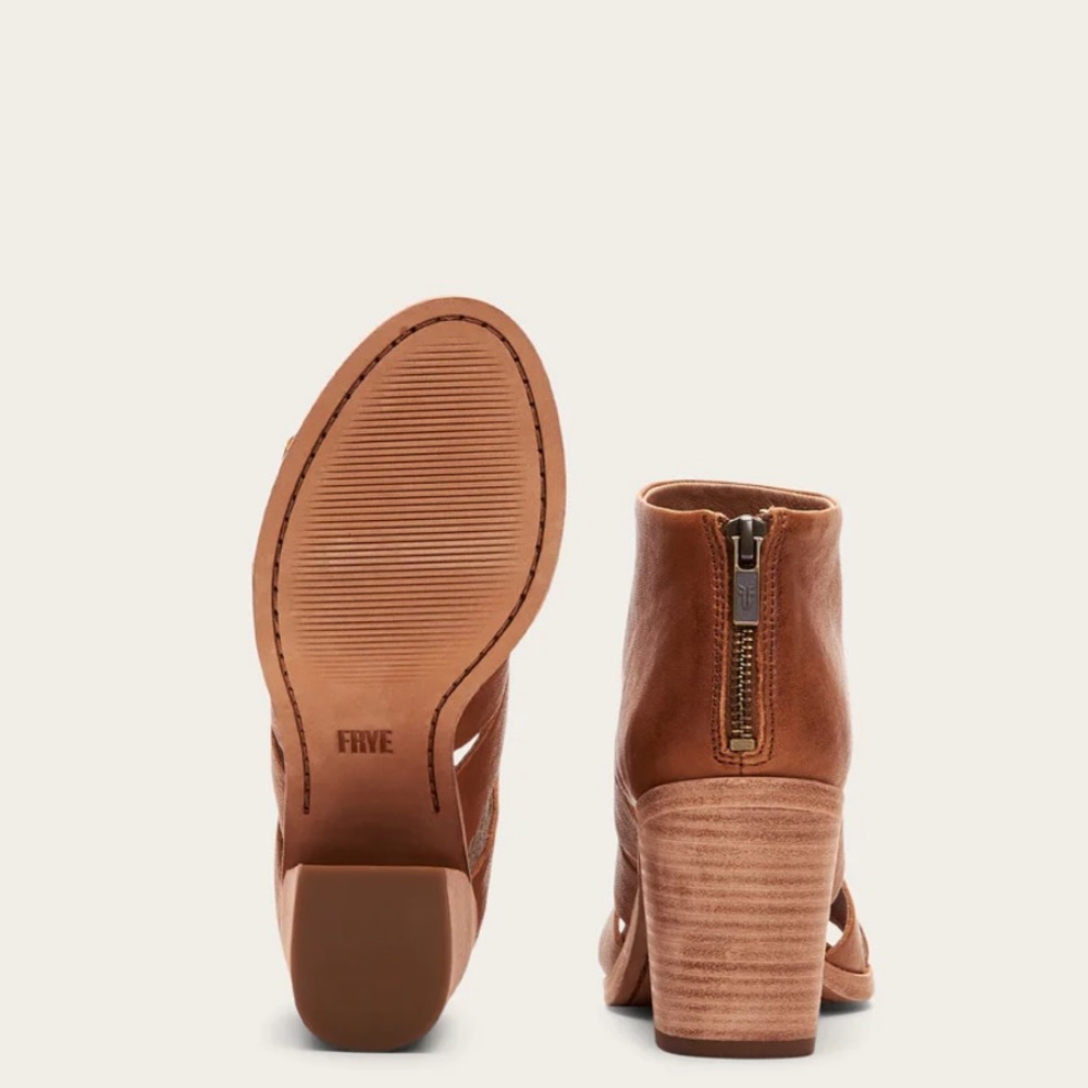 $338 Frye Tash Cognac Real Leather Cut Out Strappy Wood PeepToe Ankle Booties - Picture 4 of 13